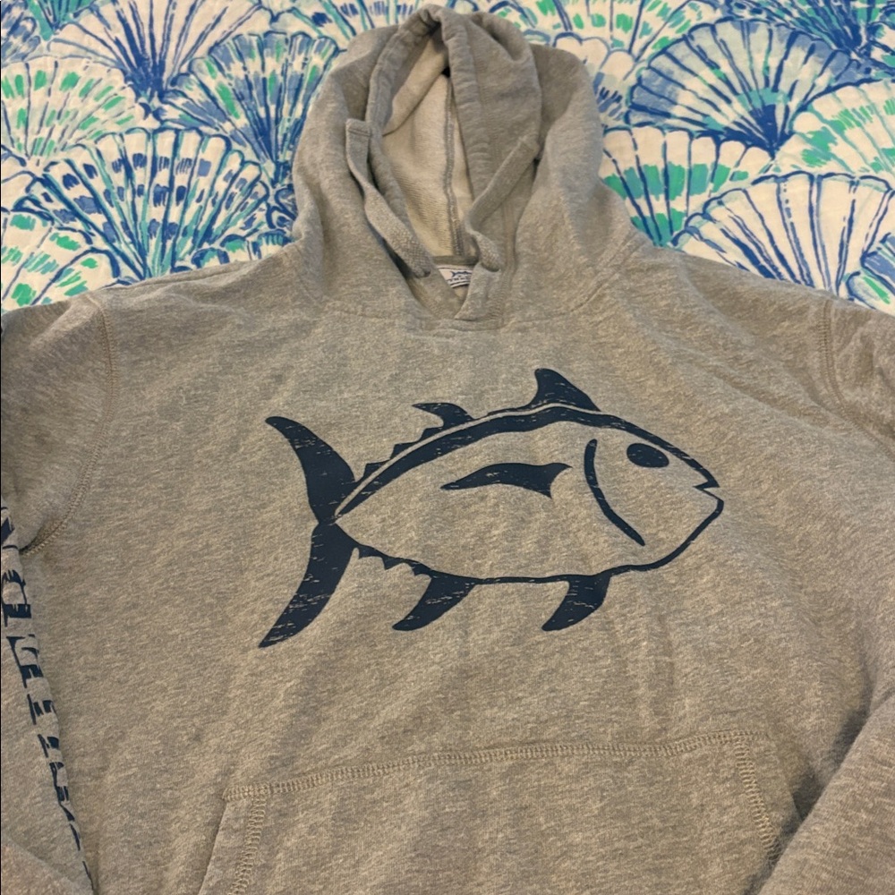 Southern Tide Gray Hooded Sweatshirt with Navy Fish Graphic - Picture 3 of 3